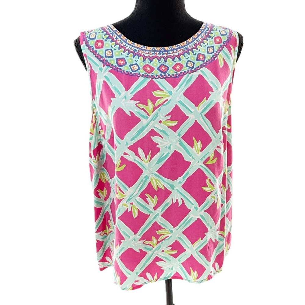 Lilly Pulitzer Iona Shell 100% Silk Back-Button Tank Top, Capri Pink, Size Large